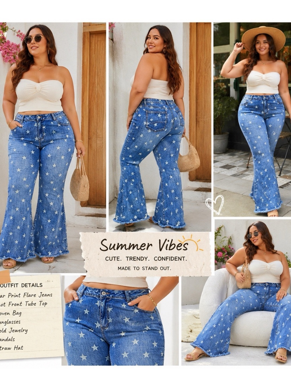 Anna Kaci High Rise Star Print Flare Jeans